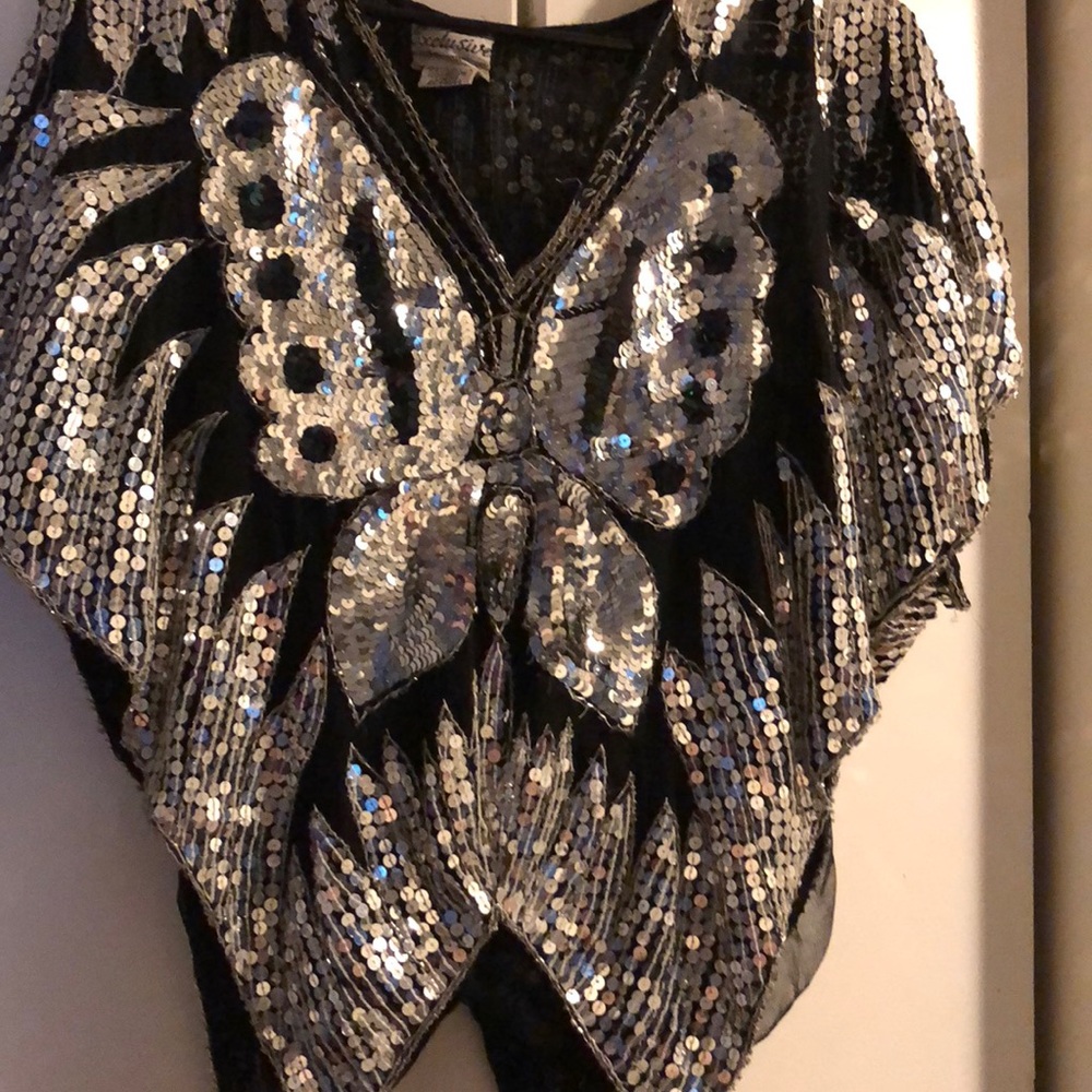 Vintage Sequin Loose One Size Butterfly V Neck Top
